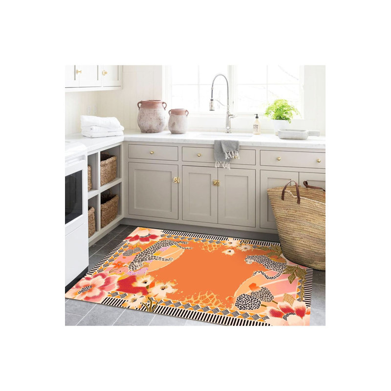 Tapis décoratif lavable à la machine à motif orange à motif floral tigré à motif de fleurs de la collection Sun