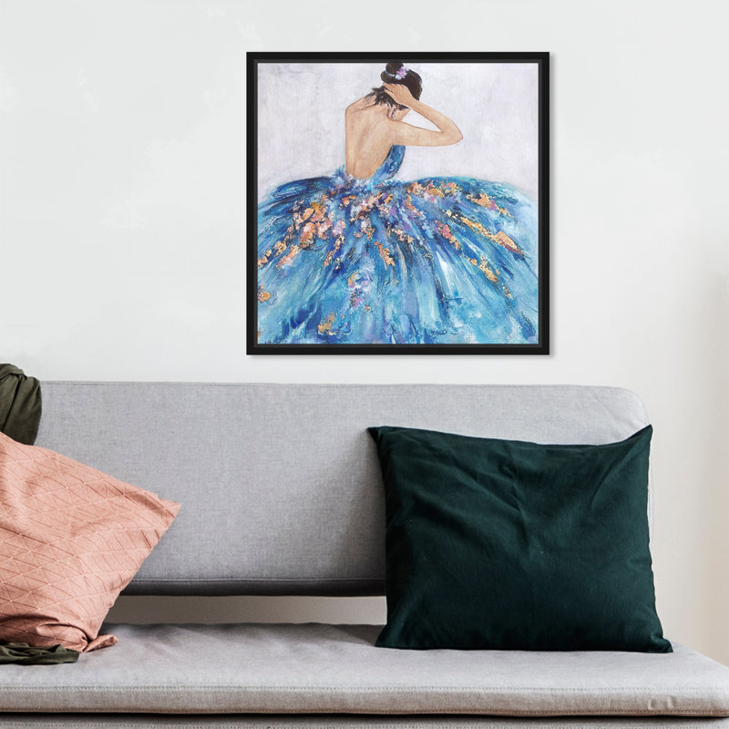 Bleu et festif - Peinture sur papier, H 12 po x l 12 po, Toile avec cadre flottant noir