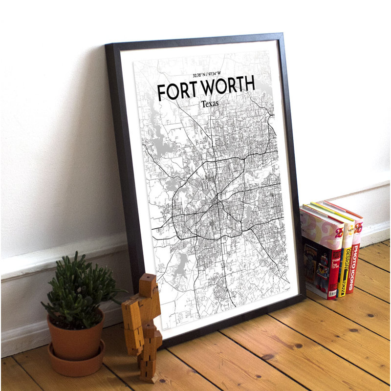 Fort Worth City Map - Unframed Graphic Art Print on Paper, 43.2cm H x 27.9cm W x 0.1cm D, Black/White