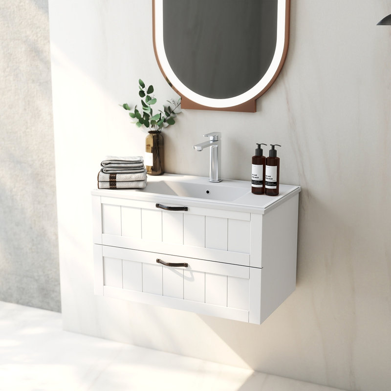 Armoire de meuble-lavabo 31,5 "avec lavabo, armoire flottante murale avec ligne décorative, système de fermeture en douceur, 2 très grands tiroirs, bois massif, pour la salle de bain