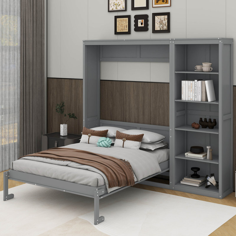 Lit escamotable double avec tablettes, Gris