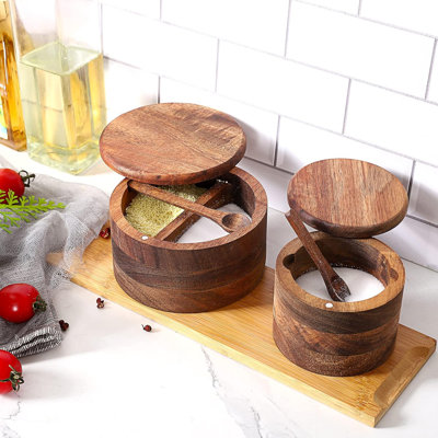 Acacia Wood Salt and Pepper Bowl, Nature Wood Salt Cellar and Spices Storage Box
