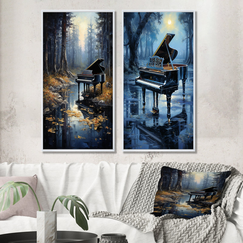 «Piano Forest Reflection - Music Piano», ensemble de 2 reproductions d'art sur toile, Cadre flottant blanc, H 28 po x l 25 po