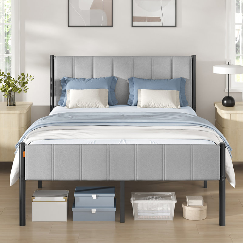 Double Bed Frame with Upholstered Headboard, Grey