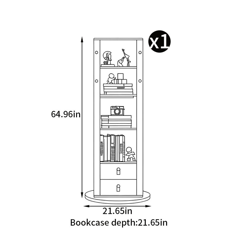 Bibliothèque rotative avec miroir, Gris, (4 tablettes) H 64,96 po x l 21,65 po x P 21,65 po