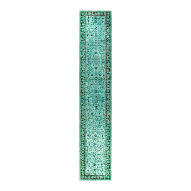 Hand-Knotted Blue and Green Wool Runner Rug 2'8" x 14'4"