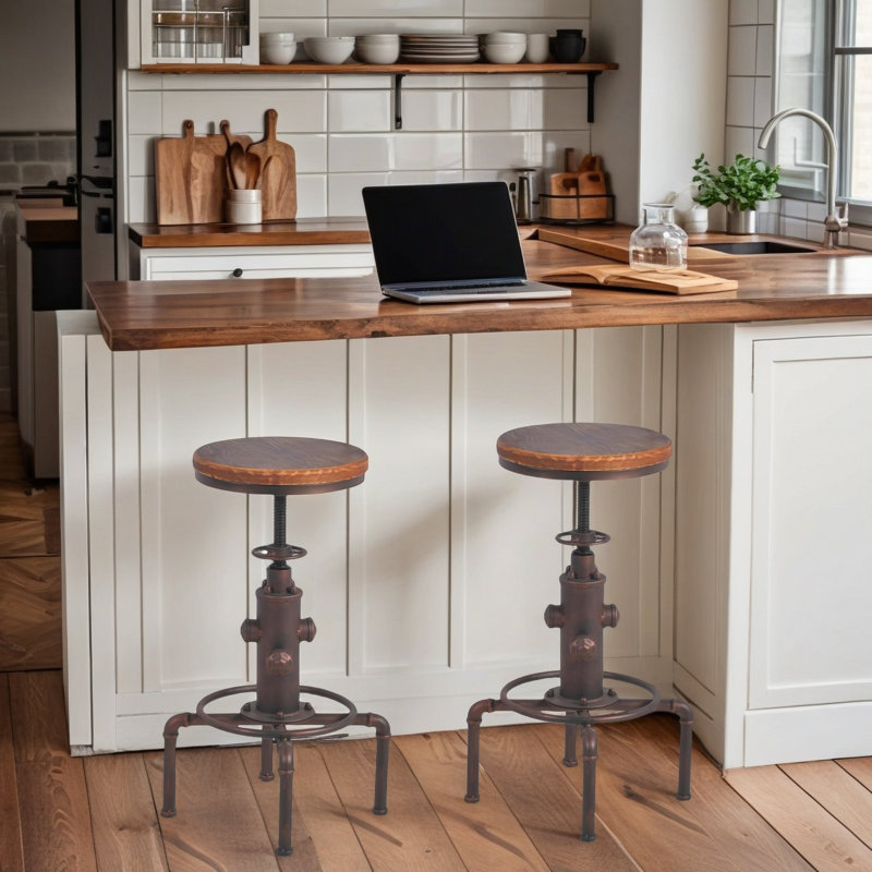 Dicle Swivel Adjustable Height Counter Stool with Metal Frame, 2, Brown / Antique Copper