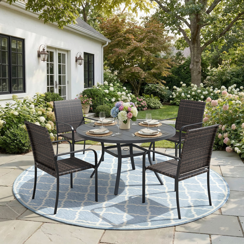 4-Person Round Patio Dining Set With Wicker Rattan Chairs, Gray