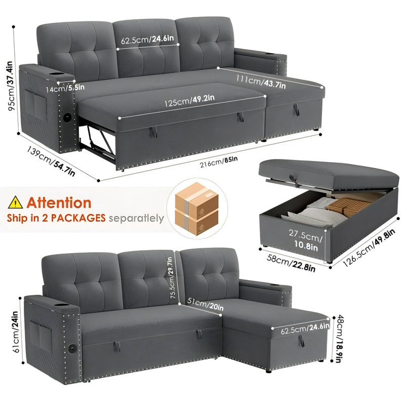 Sectional Sleeper Sofa with Reversible Storage Chaise Couch & USB Charging Port, Linen Gray, Gray Velvet