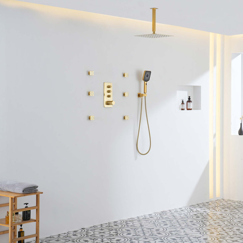 Système de douche thermostatique à 3 fonctions 12 po avec pomme de douche carrée, Or brossé