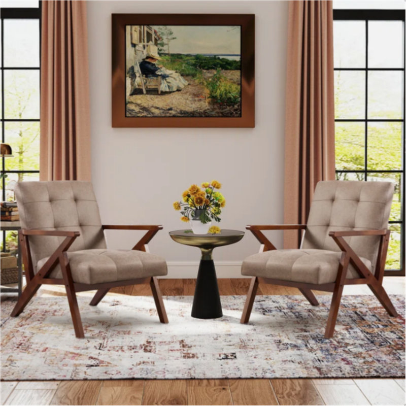68cm Wide Mid-Century Accent Chair with Tufted Design & Wooden Arms, Brown