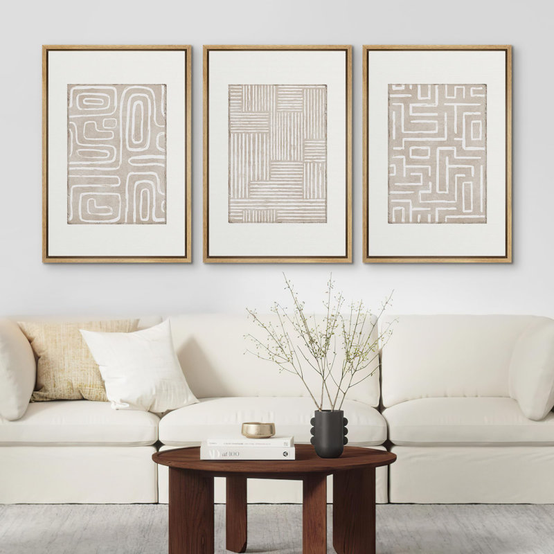 Linear Geometry " Minimalist Linear Design Neutral Tones Geometric Illustrations Modern Art Decor Living Room " 3 - Pieces