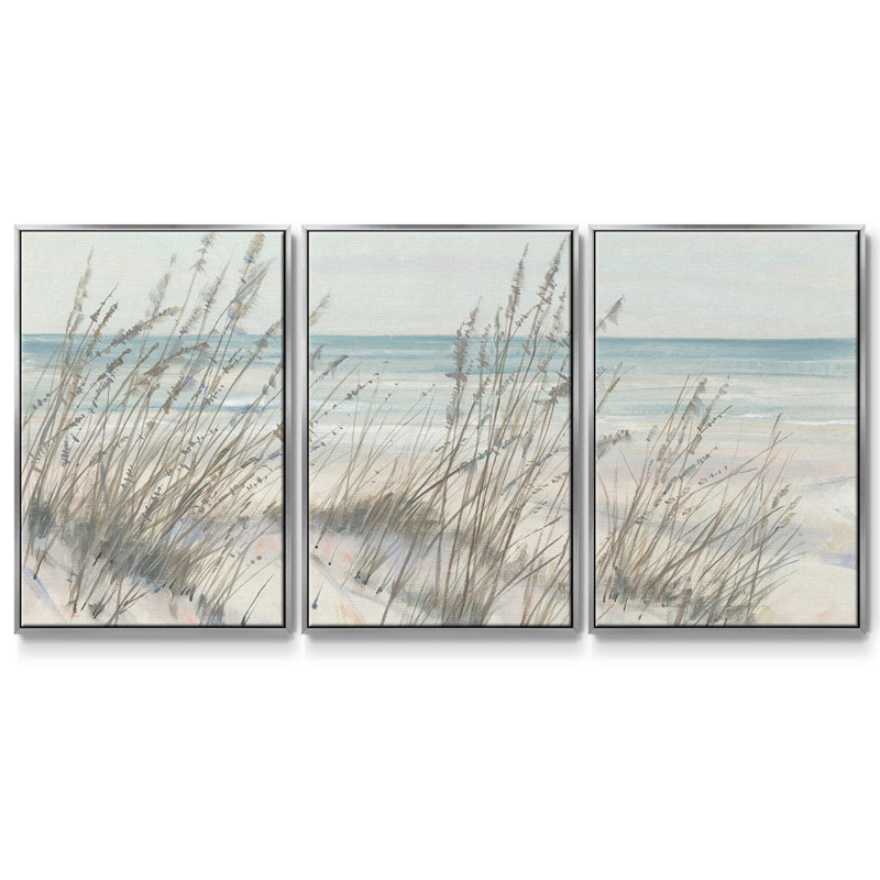 «Beach Grass I», reproduction sur toile 3 pièces, H 24 po x l 48 po, Encadrement argenté