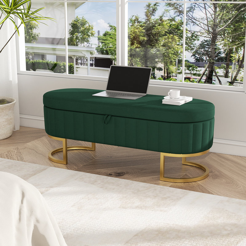 Velvet Upholstered Storage Bench with Horseshoe-Shaped Metal Legs for Living Room: Stylish and Functional Bed-End Solution