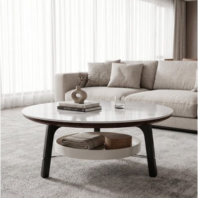 Table basse moderne de style campagnard minimaliste, table basse ronde de 35,43 pouces avec plateau en pierre frittée et tablette de rangement, pieds en bois massif noir, mobilier central facile à assembler pour le salon et les petits espaces
