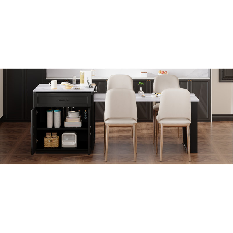 82.7 Inch Kitchen Island With Extendable Dining Table For 4-6 Person, Kitchen Table With Double-Sized Storage, Power Outlet, Kitchen Island With Storage 2 Drawers 2 Side Open Shelves