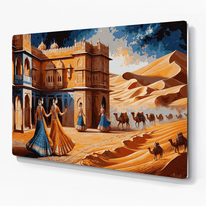 Art mural en métal brun avec villes du Rajasthan en Inde, H 20 po x l 30 po
