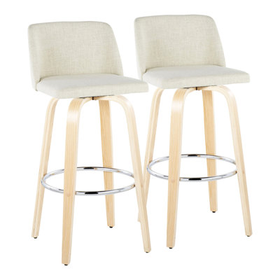 Tabouret de bar 30 po contemporain à hauteur fixe avec pivot en bois naturel et tissu crème avec repose-pieds rond en métal chromé - ensemble de 2