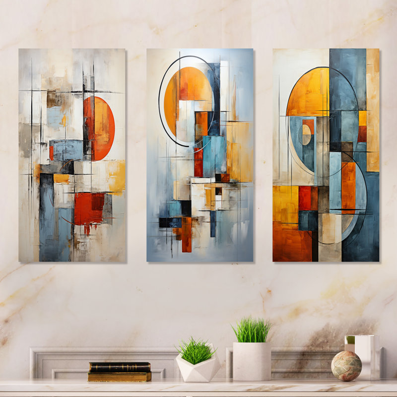 Ensemble de 4 décorations cubiques orange et bleues Cubism, Toile tendue, H 32 po x l 48 po