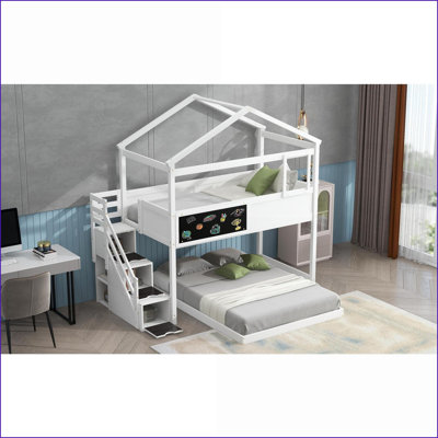 Simple sur bois de pin double Lit superposé en panneau de fibres à densité moyenne avec escalier de rangement et amp; Tableau noir - Conception blanche peu encombrante