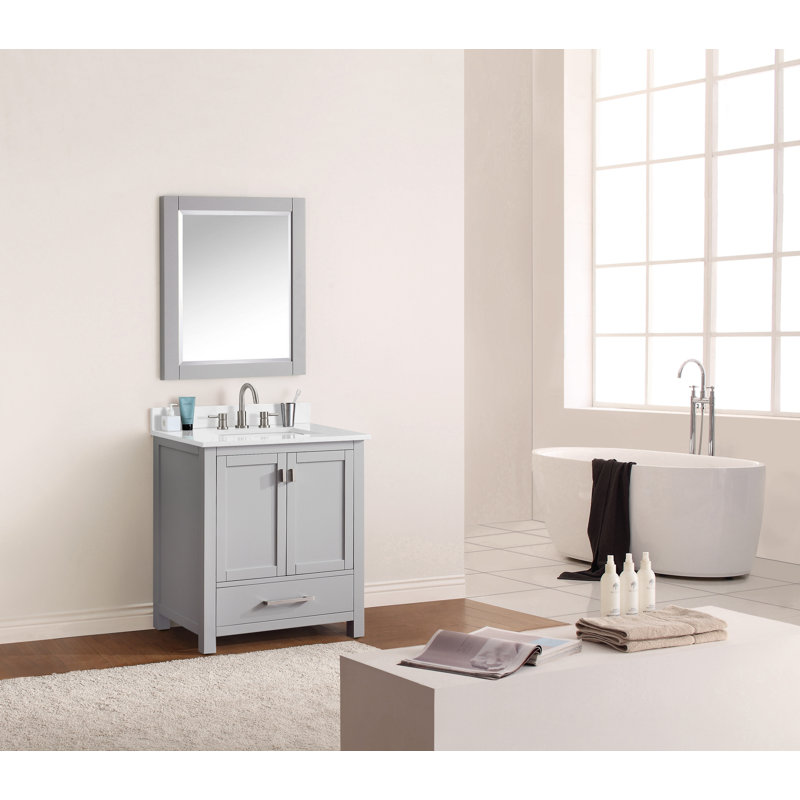 Meuble-lavabo simple 30 po avec plateau Souther, Gris givré, Marbre blanc de Cala, Nickel brossé