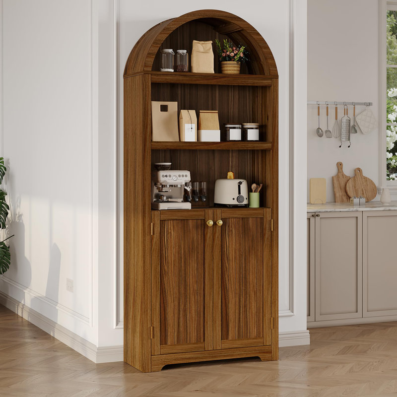 72" Tall Wood Arched Storage Cabinet – 5-Shelf Kitchen Pantry Cabinet with Doors & Open Shelves, Versatile Standing Bookcase & Cupboard