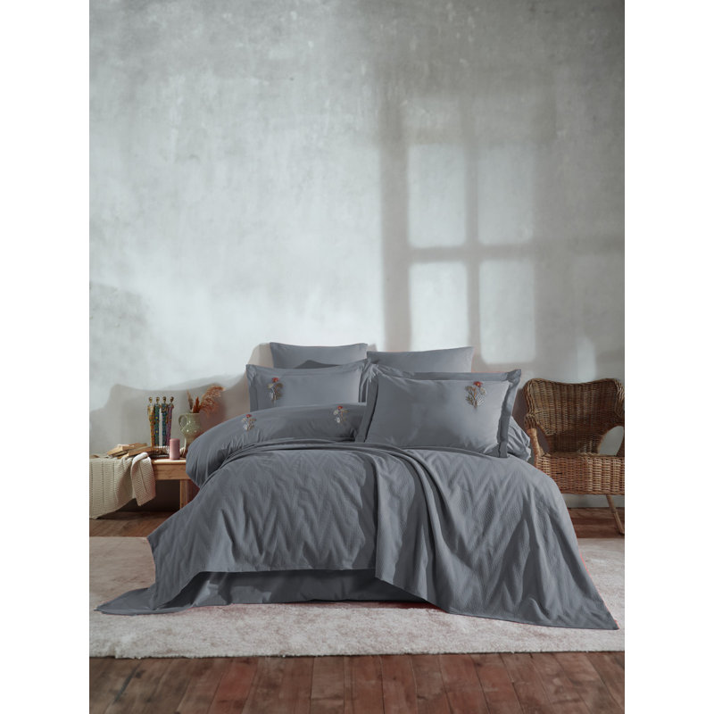 Luxury Double Bedspread Set, 100% Cotton, Grey | Jacquard Bed Cover (94.5 x 102.4 in), Quilt Cover (78.7 x 86.6 in), Flat Sheet (94.5 x 86.6 in), 4 Pillowcases | Machine Washable, Soft and Durable, Perfect for Elegant Bedroom Decor