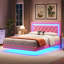 Lit plateforme flottant en similicuir blanc, taille standard, avec tête de lit capitonnée en losanges et éclairage LED. Sommier non requis, conception silencieuse, montage facile.-1289493094-1289493095