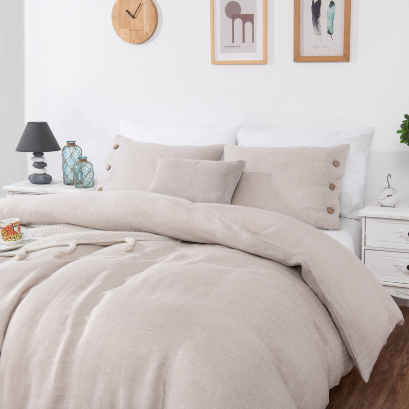  Stone Washed Pure Linen Herringbone Weave Duvet Cover Set, Queen