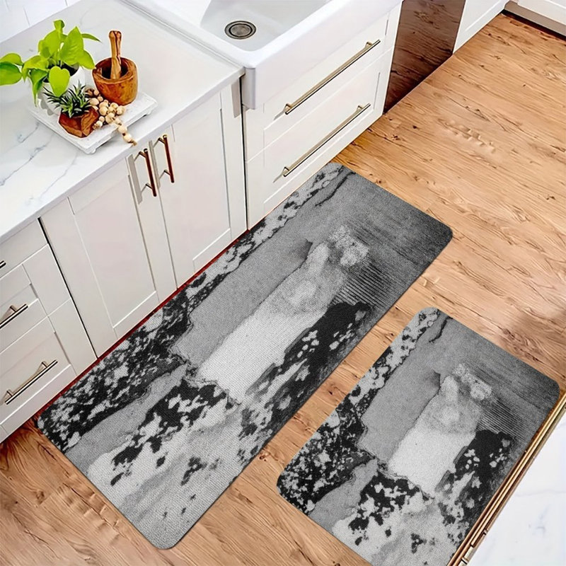 Monochrome Ink Wash, 2 Pcs Non Slip Kitchen Mats, Black Abstract