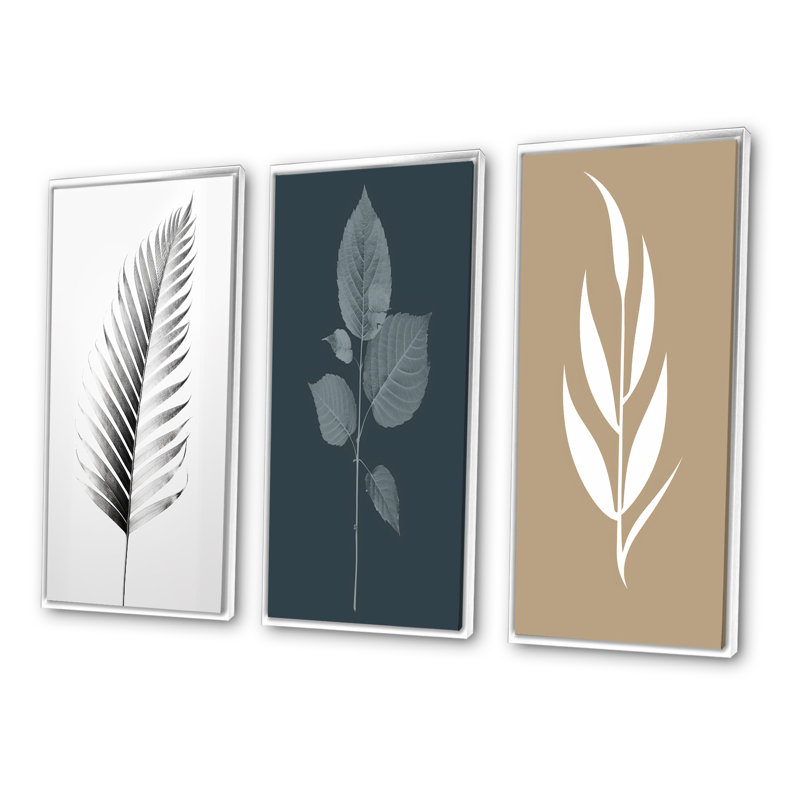 Minimal Botanicals - feuille unique sur beige I - ensemble de 3 impressions, H 20 po x l 36 po, Cadre flottant blanc