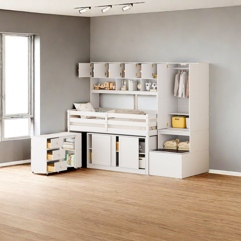 Lit mezzanine pour enfants avec tiroirs Jobina, Simple, Blanc