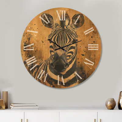 Horloge murale ronde glamour avec portrait de zèbre doré, imprimée sur bois