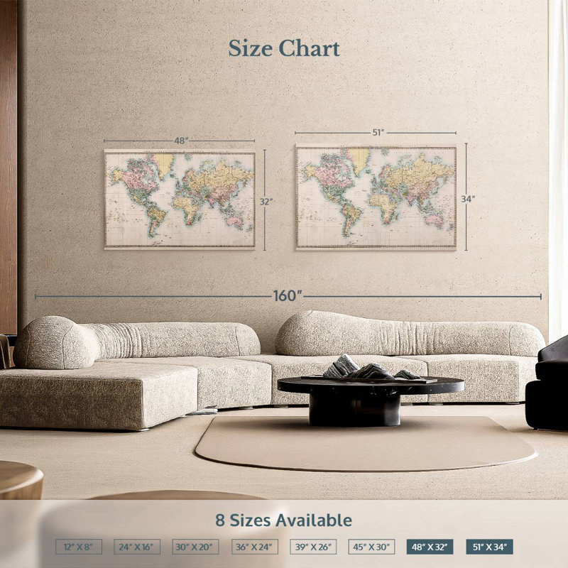 Carte du monde Aliaz Mercator Projection, H 32 po x l 48 po