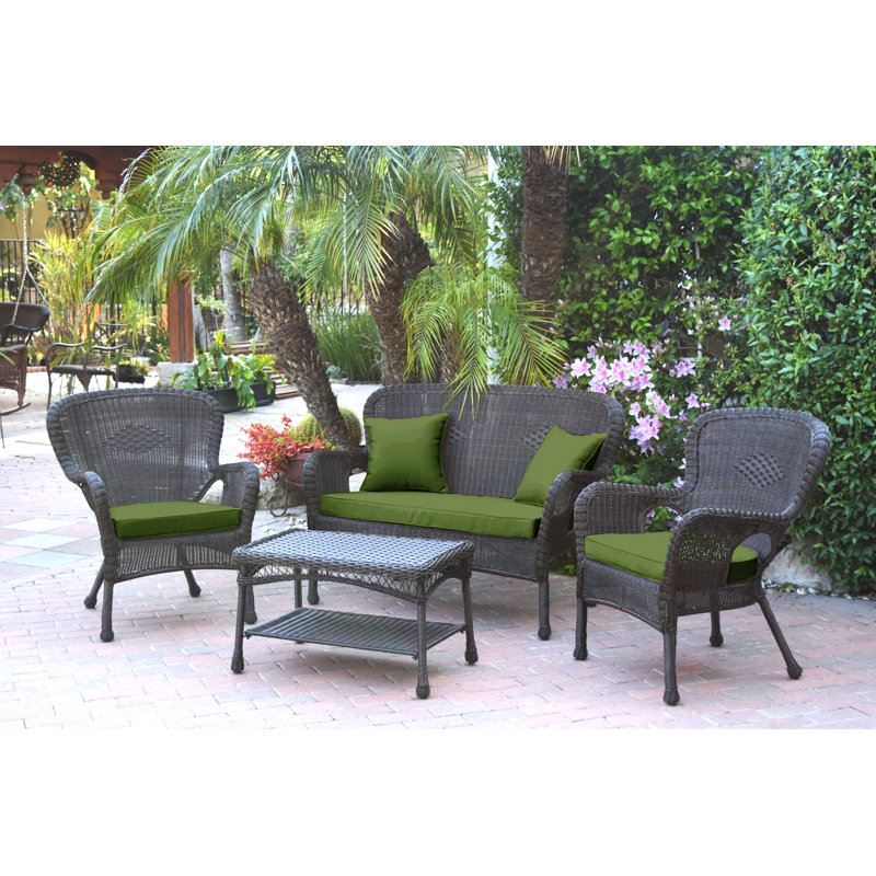Bellas 4 Piece Sofa Set with Cushions, Espresso, Hunter Green