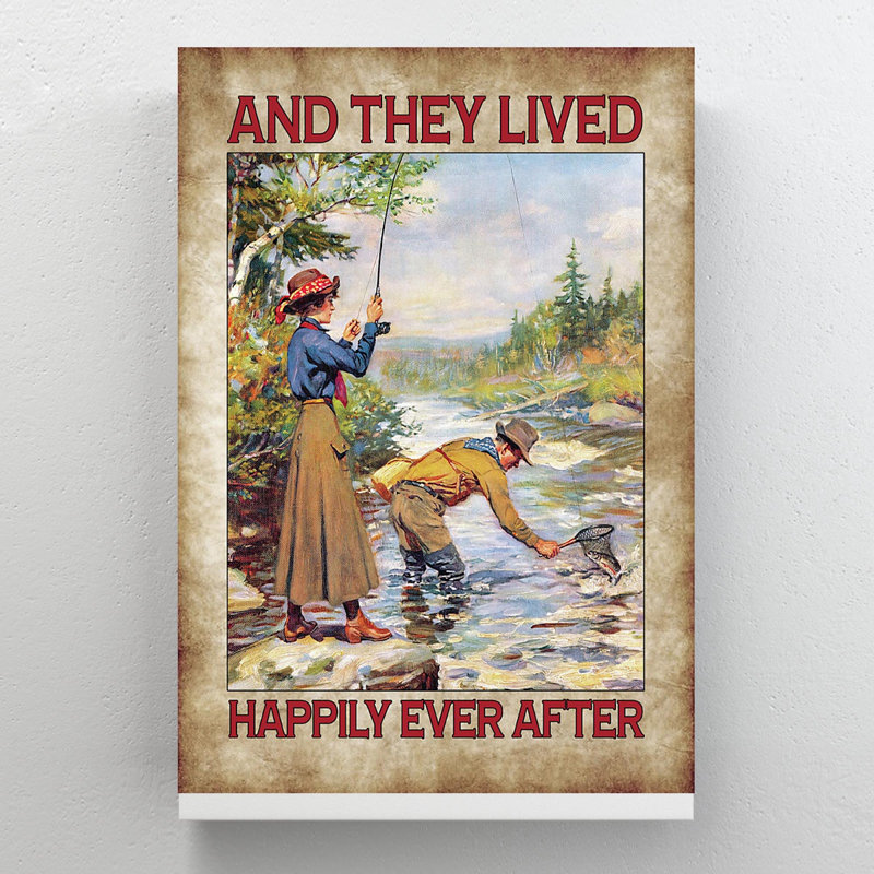 Couple pêche sur la rivière et ils ont survécu à la vie après 1 reproduction d'art graphique sur toile tendue