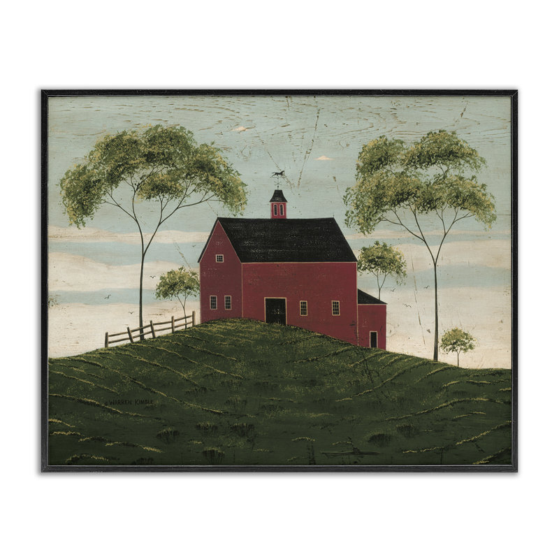 Illustration de giclée, grange et arbre, par Warren Kimble, 24" H x 30" W, Giclée encadrée noir minuit