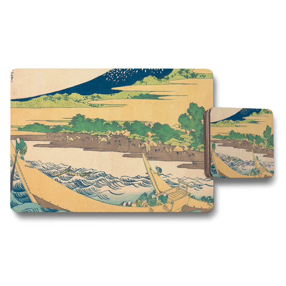 Vintage Japanese Ukiyo E Landscape Placemat And Coaster Set