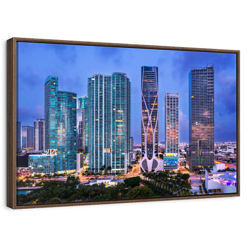 Vue aérienne du centre-ville de Miami, 25 po x 17 po, Cadre flottant en noyer