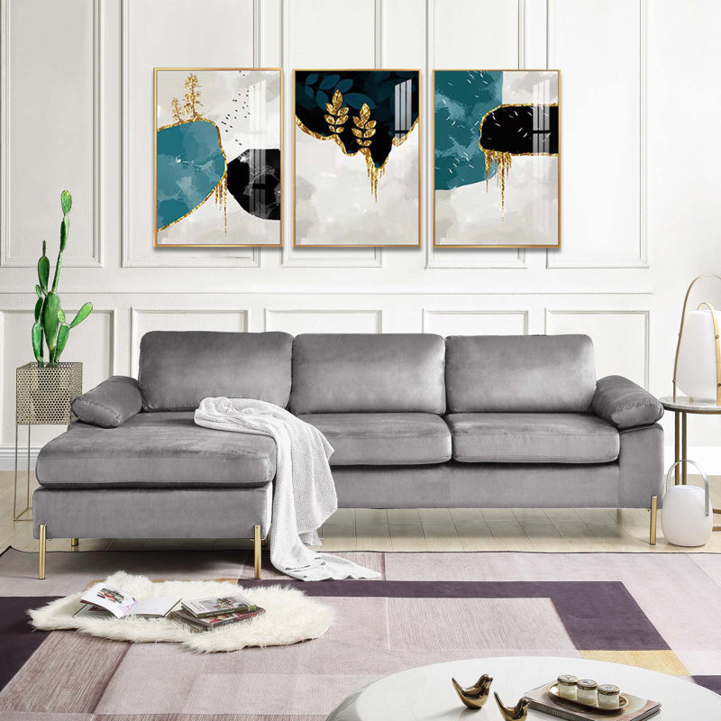 Shannon Velvet Sectional Sofa with Chaise, Gray Velvet