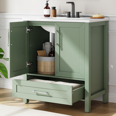 Green 30" Bathroom Vanity with Ceramic Basin Storage Cabinet Drawer Soft Closing Doors Single Sink Integral Top for Bathroom
