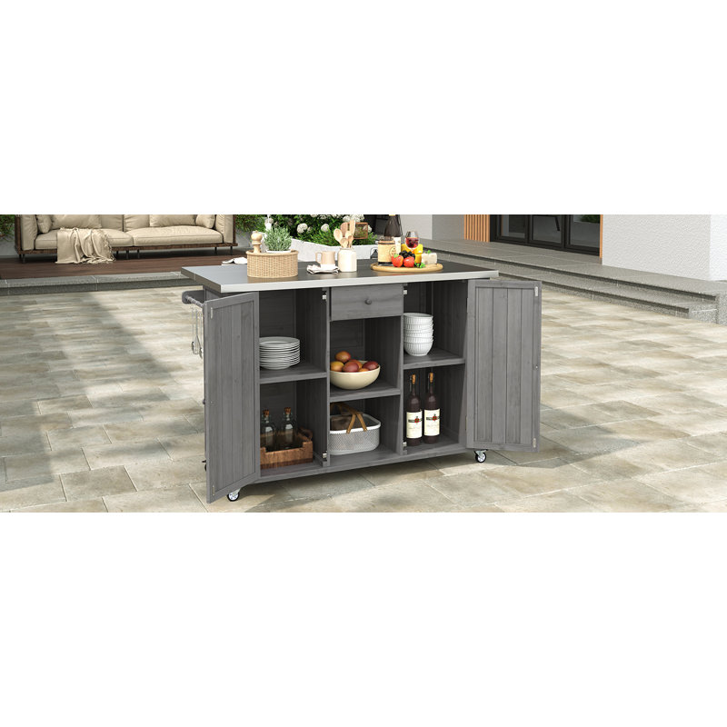 Grey Fir Wood Outdoor Kitchen Island - Stainless Steel Foldable Top, Storage, Towel/spice Racks & Bottle Opener
