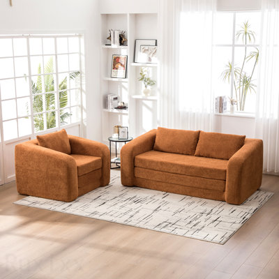2-Piece Foldable Sofa Bed Living Room Couch Set, Convertible Chenille Boneless Cloud Floor Mattress Sleeper Lounge Accent Chair With Pillow For Apartment Living Room Bedroom Dorm Guestroom, Orange