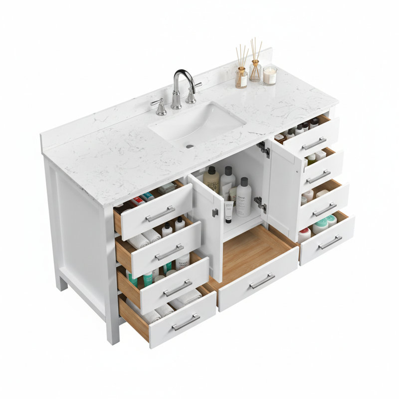 Ensemble de meuble-lavabo simple 60 po avec lavabo intégré, structure en bois massif, tiroirs à fermeture en douceur et armoire de rangement, conception autoportante moderne (blanc)