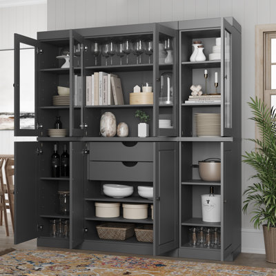 Armoire de cuisine haute 100% en bois massif avec portes en verre et 2 tiroirs, tablettes réglables, armoire de rangement modulaire de cuisine Pulcova, l 65 po x H 71,5 po
