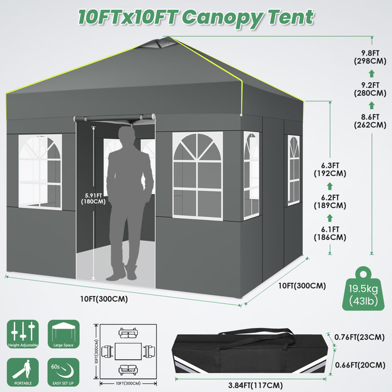 10x10 Pop Up Canopy Tent, One Push Setup Glow Outdoor Tent with 4 Sidewalls, Gray