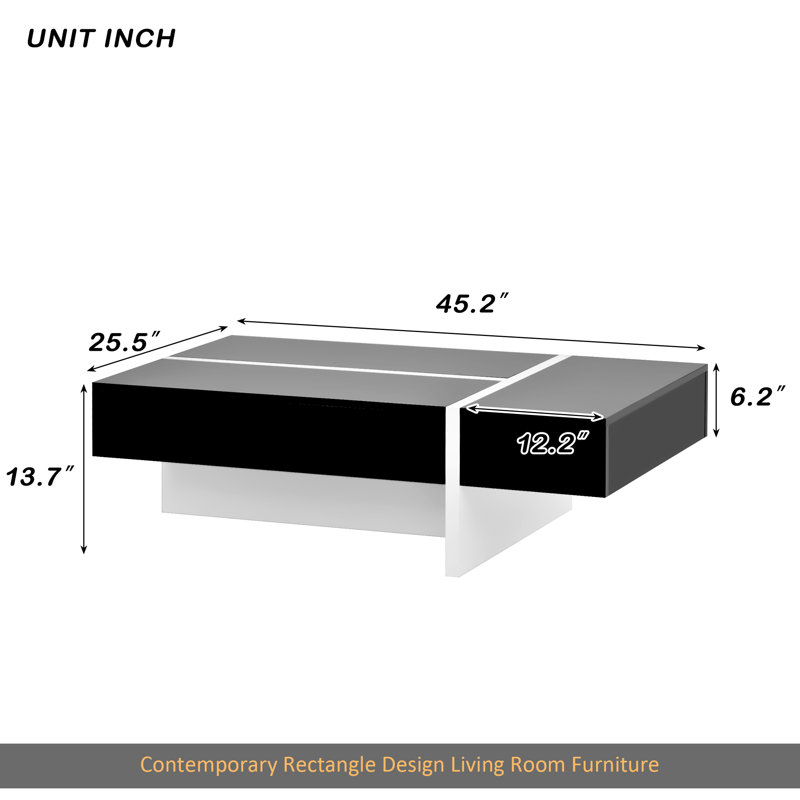 Mobilier de salon contemporain de conception rectangulaire, table basse moderne à surface ultrabrillante, table centrale pour canapé ou fauteuils rembourrés, 45,2 x 25,5 x 13,7 po, noir