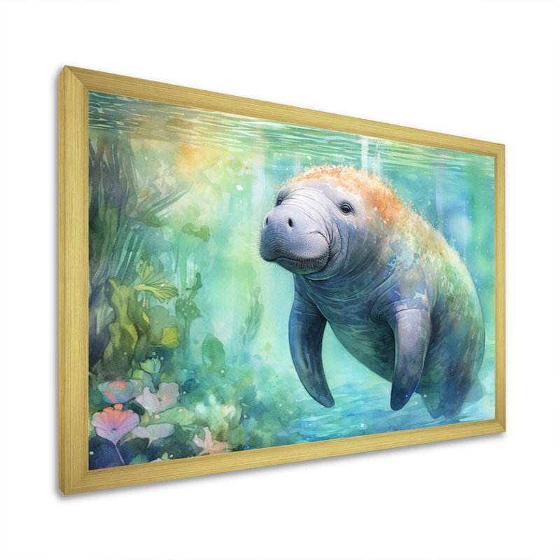 Gentle Manatee II - Art mural de lamantin pour le salon, H 30 po x l 40 po x P 1,5 po, Cadre doré à une seule photo
