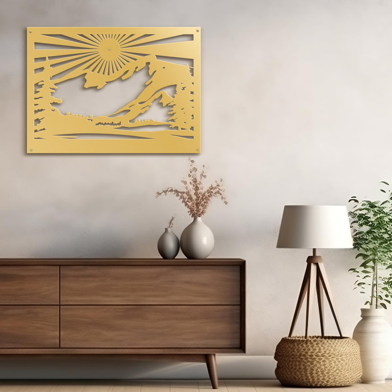 Sun Mountain Forest Landscape Decor Modern Abstract Wall Accent Sculpture, Doré, H 25,92 po x l 36 po x P 0,05 po