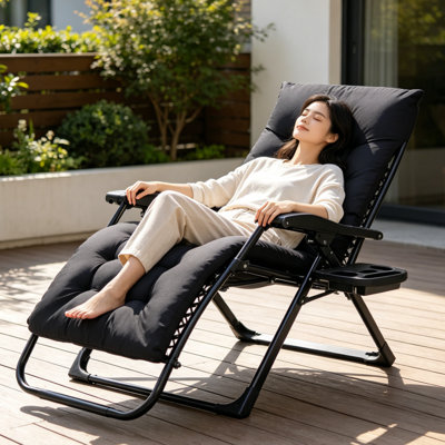 Fauteuil inclinable en acier et textilene zéro gravité avec porte-gobelet et coussin amovible, chaise longue pliable réglable pour le patio, la piscine et le camping